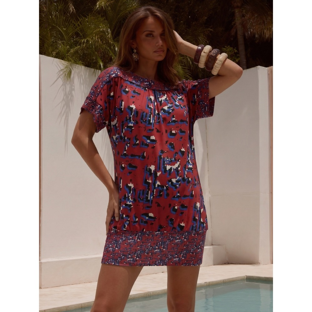 Abstract Print Dolman Sleeve Smocked Hem‎ Tunic Dress Red Blue Large EXCELLENT
